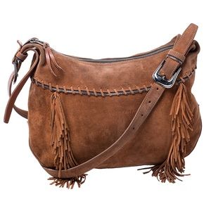 RARE Longchamp Brown Suede Fringed Zipper Trim Bag